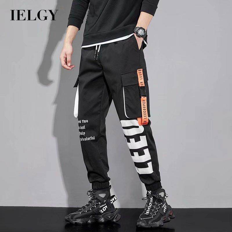 IELGY Cargo Pants Men's Letter Print Multi-Pocket Hip Hop Style