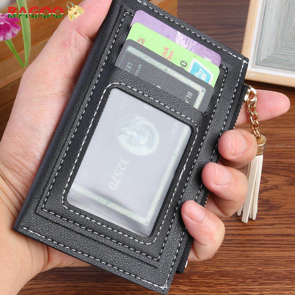 BAGOO Korean Fashion Solid Color Women Short Wallet Tassel PU Leather Multi-slots Clutch Money Bag Card Holder Mini Coin Purse for Women