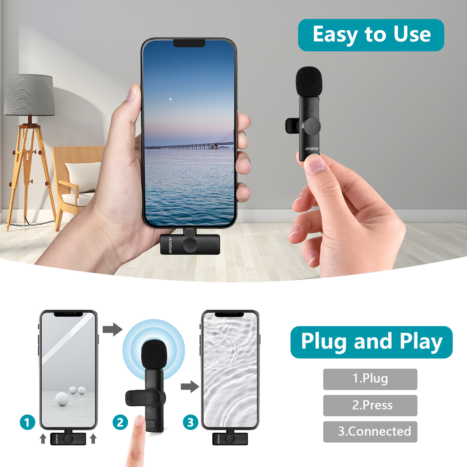 nishore- Andoer One-Trigger-One Mini 2.4G Wireless Microphone System(1 Trans-mitter + 1 Receiver) Clip-on Mic 20M Transmission Range Built-in Batte-ry Plug-and-Play for Type-C Smartphones Tablets Vlog Live Streaming Interview