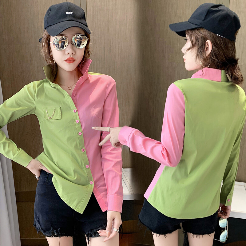 REHIN Fashion Color Blocking Long Sleeve Cotton Shirt Slim fit and shape Lapels Women Blouse new Spring top
