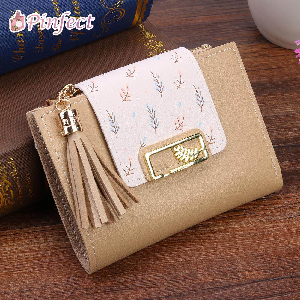 [Pinfect] Fashion Ladies Vintage Tassels Leaf Women Short Wallet PU Leather Clutch Bag Cute Korean Card Holder Female Folding Small Coin Purse