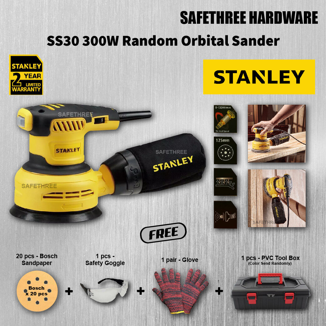 Stanley 300W SS30 Random Orbital Sander FOC Bosch Sandpaper, Glove