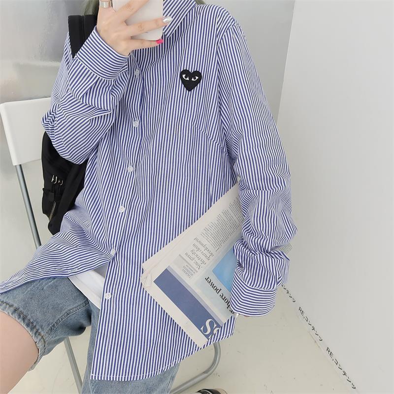 Lansboter Men's retro plaid shirt couple love blue striped shirt vertical striped casual shirt
