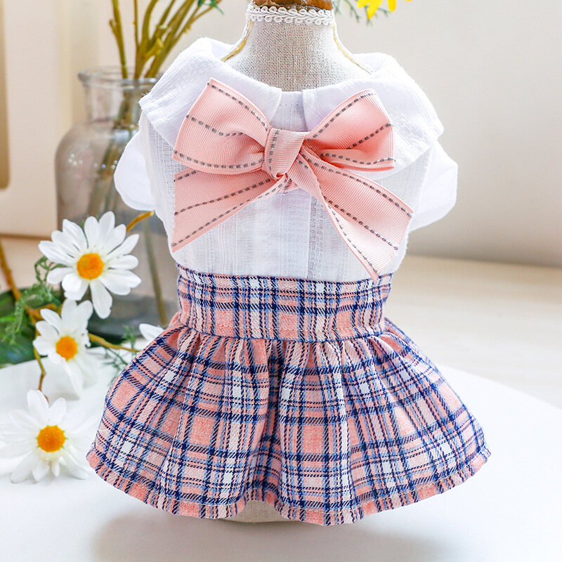 DY LOVING Summer Small Dog Pet Dress School Style Pink Plaid with Pink Bowknot Dog Dress for Female Teddy Schnauzer Female Cat