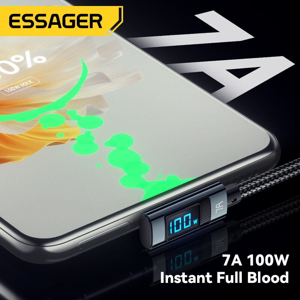 Essager PD 100W 7A USB Type C Cable Elbow Display Fast Charging USB C Bend Data Cable For HUAWEI Oneplus Samsung Honor OPPO VIVO Xiaomi Charger Cord