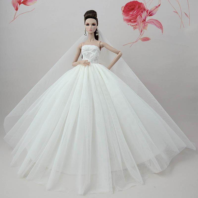 Pure White Doll Dress For Barbie Doll Long Tail Evening Gown - Main Image