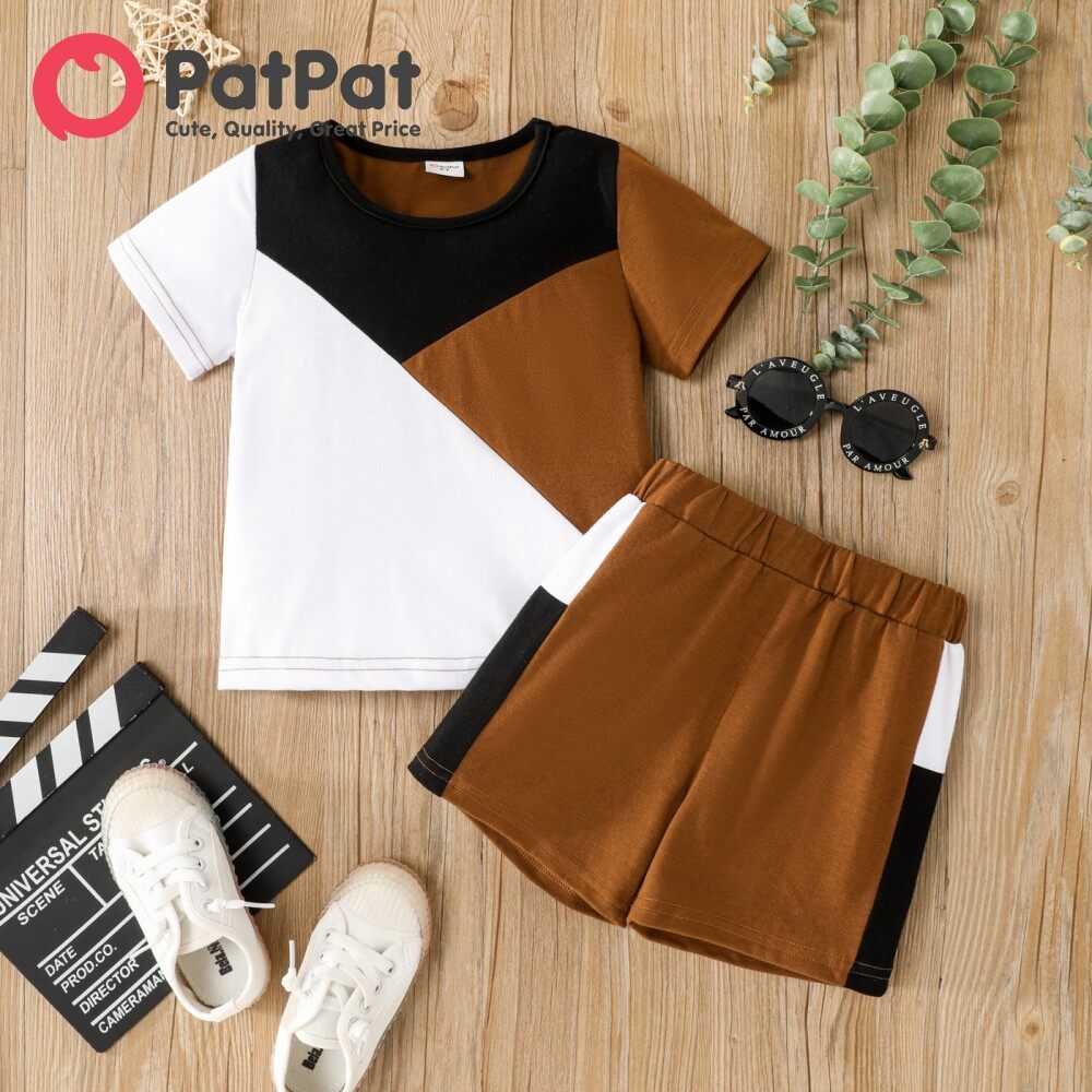 PatPat 2pcs Toddler Boy Trendy Colorblock Tee and Shorts Set