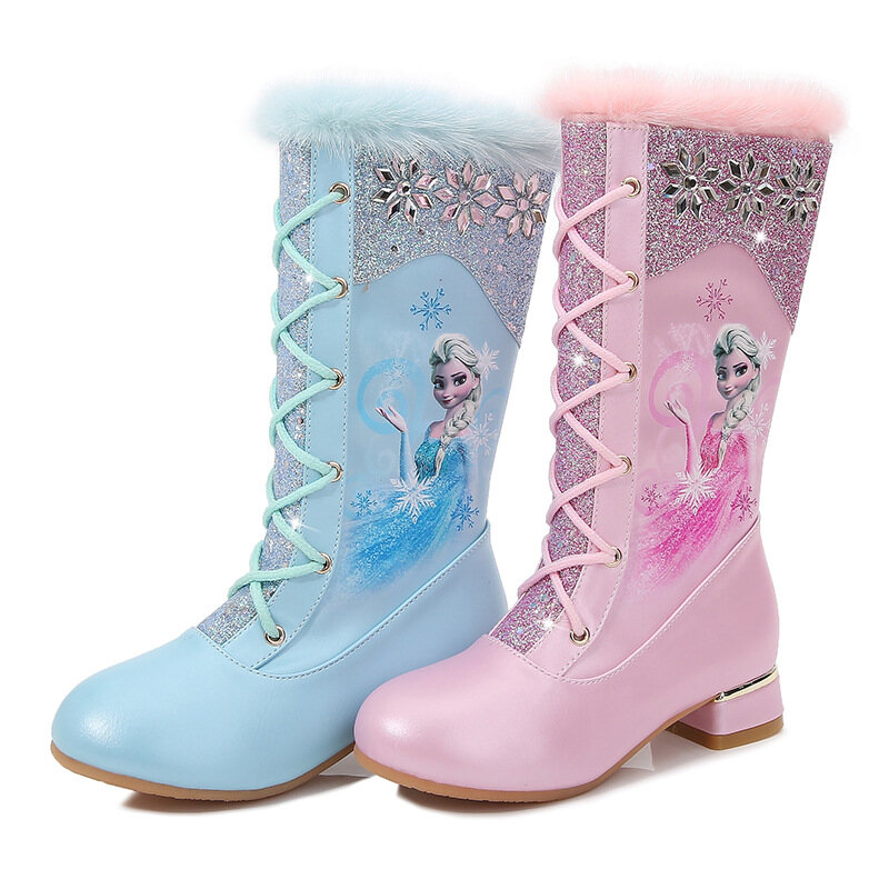 High Boots Girls High-heeled Autumn And Winter warm Children Sequins Snow Shoes Frozen Boots