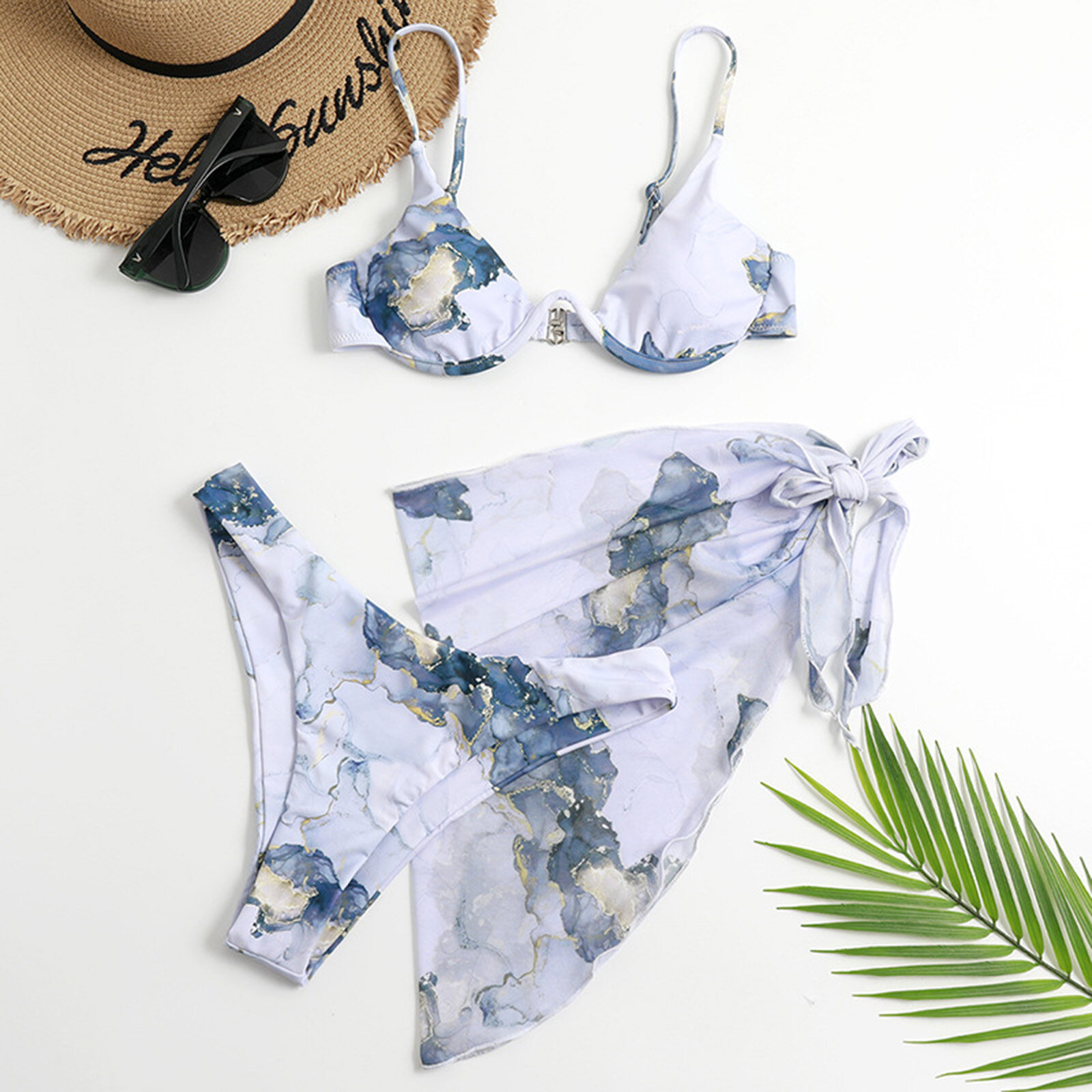 Happybuyner Swimwear for Women Swimsuit Set Print Underwire Bra and Panties and Wrap Skirt Three-Piece Suit for Swimming_voghion.com