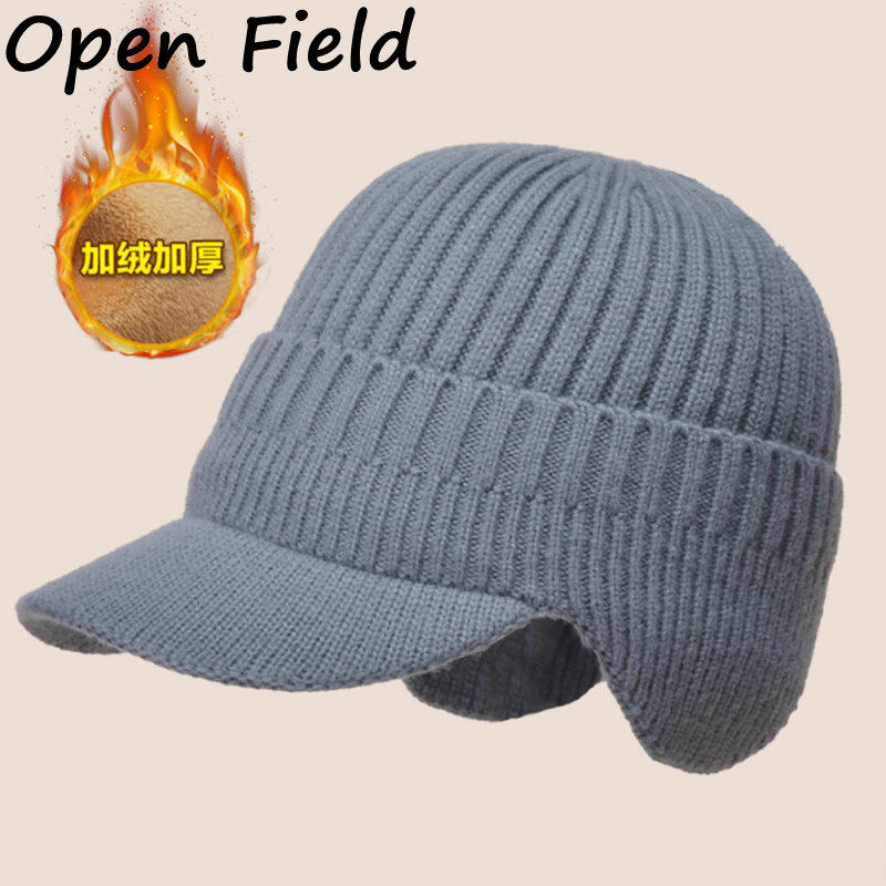 Field Men Winter Knitted Hat Outdoor Warm Thickened Windproof Ear Protection Cap Short Brim Solid Color Hat
