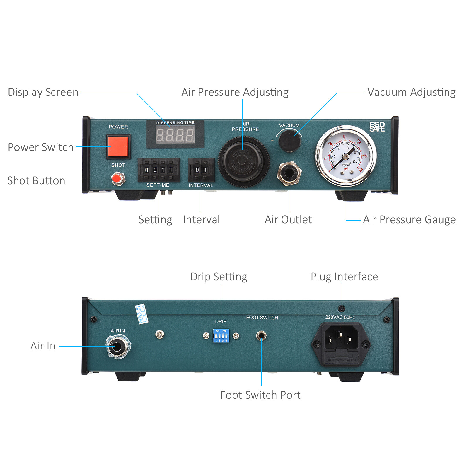 Smart Sensor 983A 220V Automatic Glue Dispenser Machine Professional Precise Dispensing Controller Glue Machine Digital Control Drip Glue Dropper Machine Precision Small Liquid Adhesive Gluing Appliance Automatic & Semi-automatic Operation