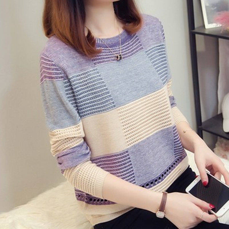 New Women's Sweater Korean Style Color Loose Striped Long-sleeved Hollow Knitted Sweater Ladies Pullover