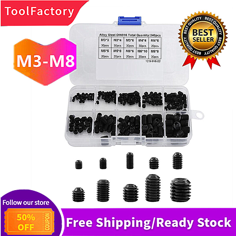 240 Socket Screw Assortment Allen Head Socket Hex Set Grub Screw Box Kit DIN916