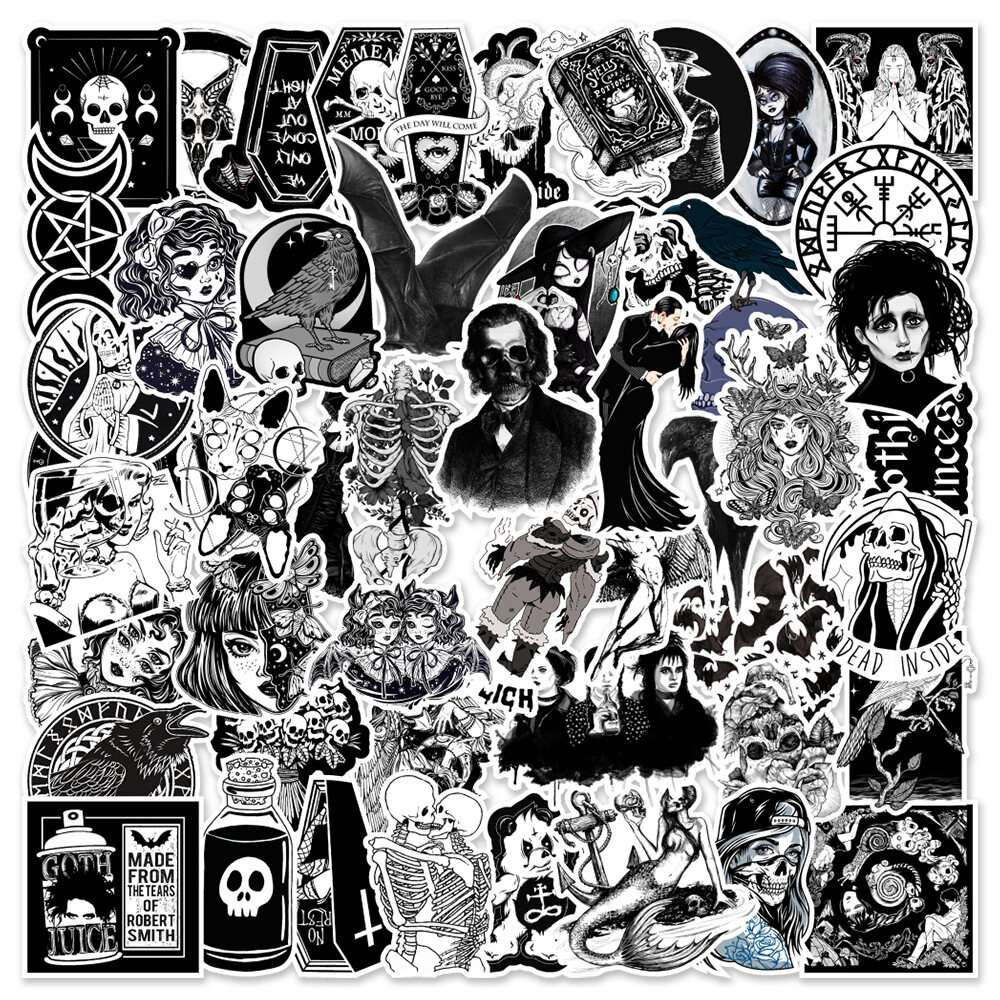 50pcs Laptop Stickers Cool Black and White Gothic Theme PVC Waterproof Graffiti Stickers for Cellphone Water Cup Helmet Bicycle Motorcycle Guitar Skateboard Decoration