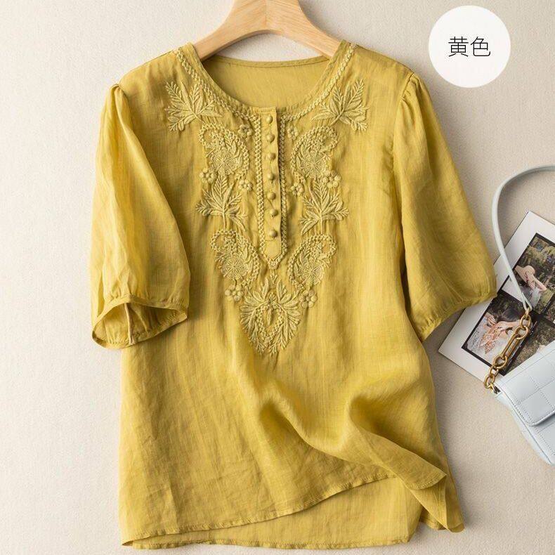 LUCKIN STORE Plus Size Pure Cotton O-neck Embroidery Ethnic Shirt Women Short-sleeved Summer Loose Retro T-shirt Blouse Plus Size Top 2024 New