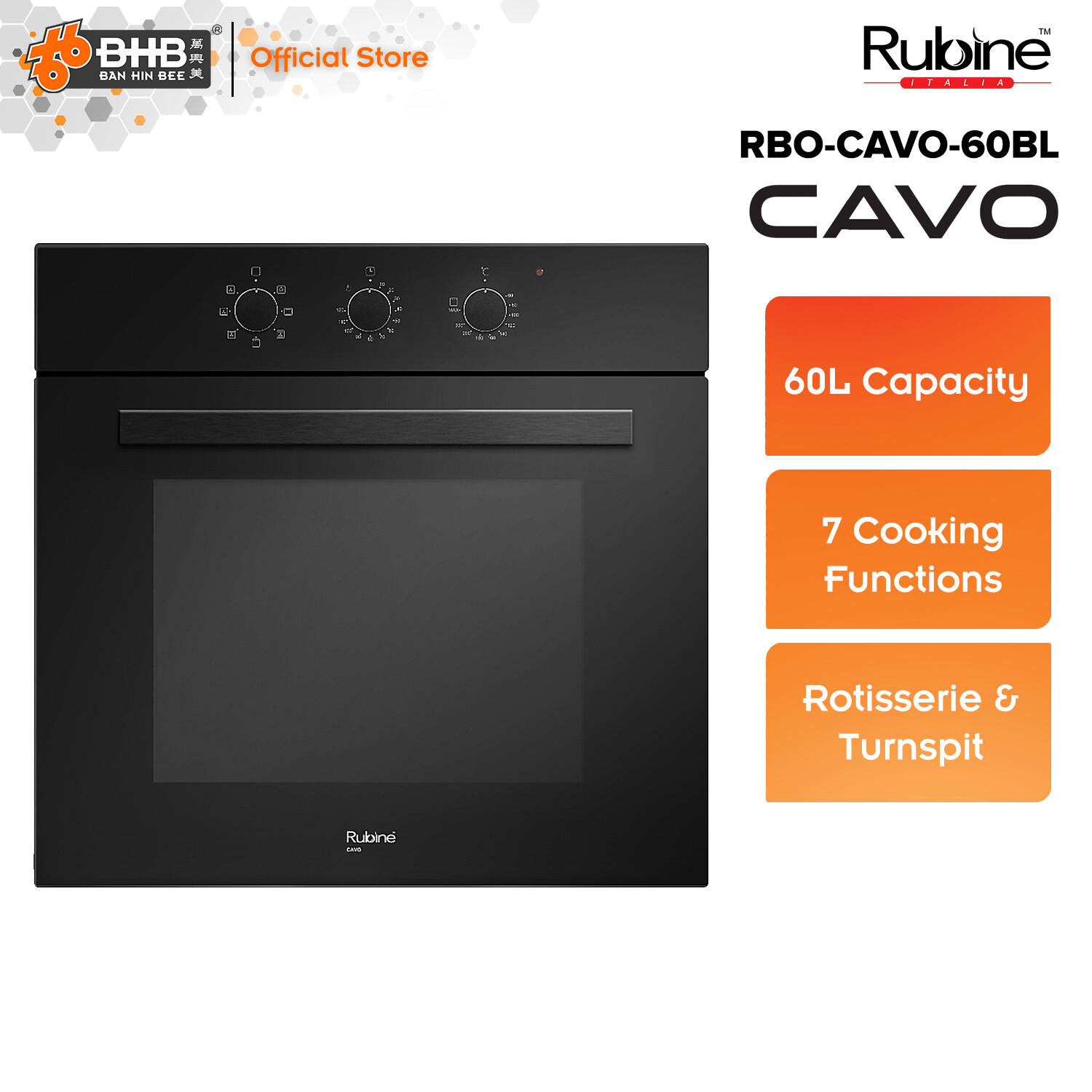 Rubine CAVO 60L Built in Oven with 7 Cooking Function & Rotisserie