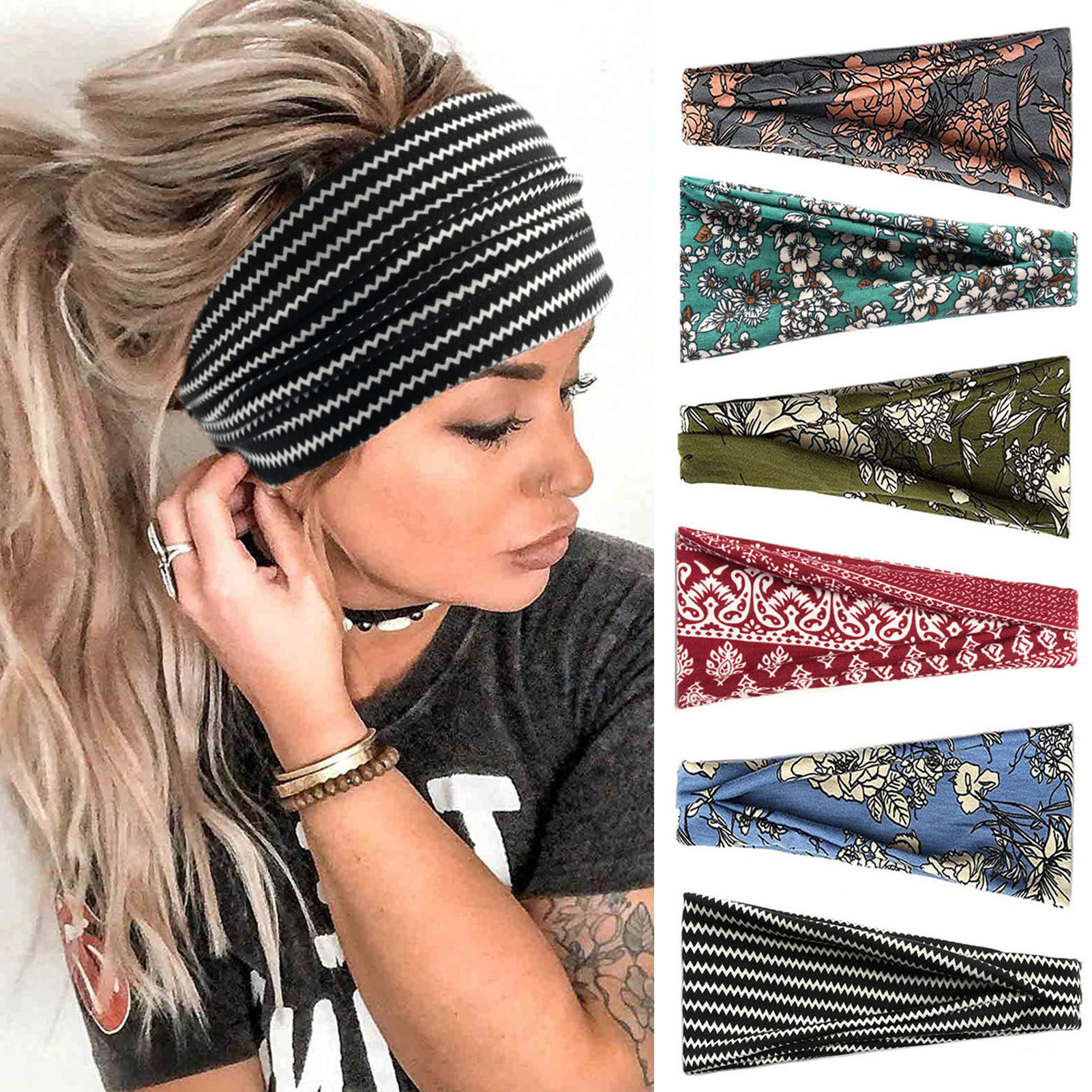 Phoenix B2C Wide Headband Women Sport Headband Floral Print Yoga Headband and Sweat Absorbing Hair Accessory for Women's Workout Wide and High Elastic Band