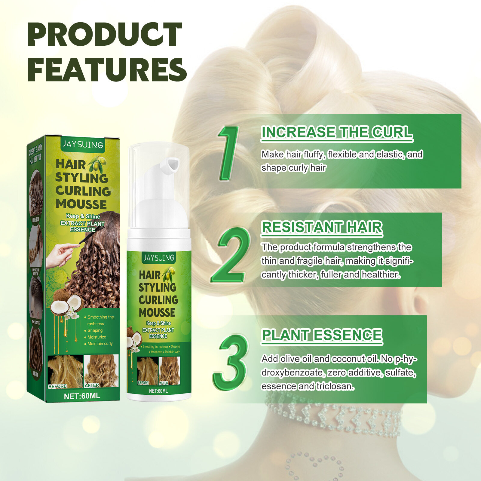 Jaysuing tạo kiểu tóc uốn Mousse 60ml
