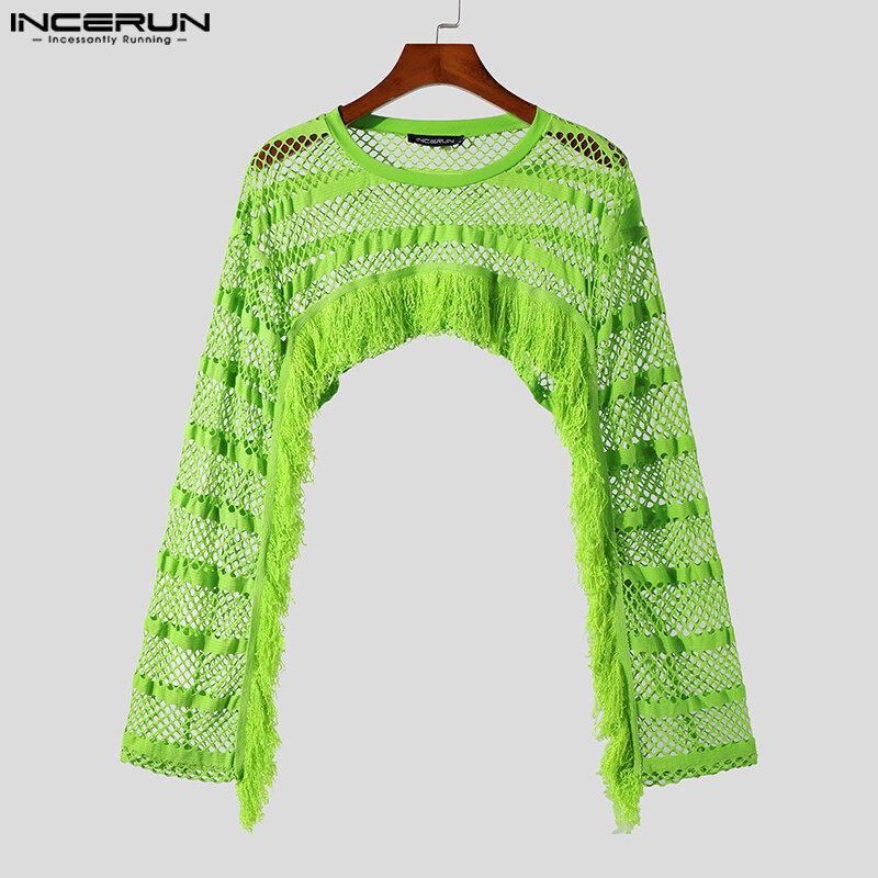 Incerun mens long sleeve see through stripe tassel short tops t-shirts
