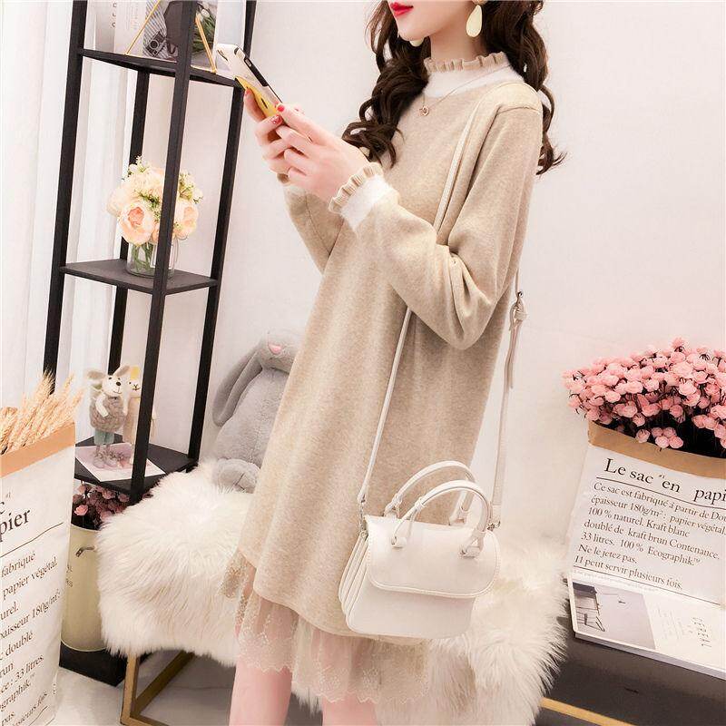 knitted dress women's lace splicing autumn and winter