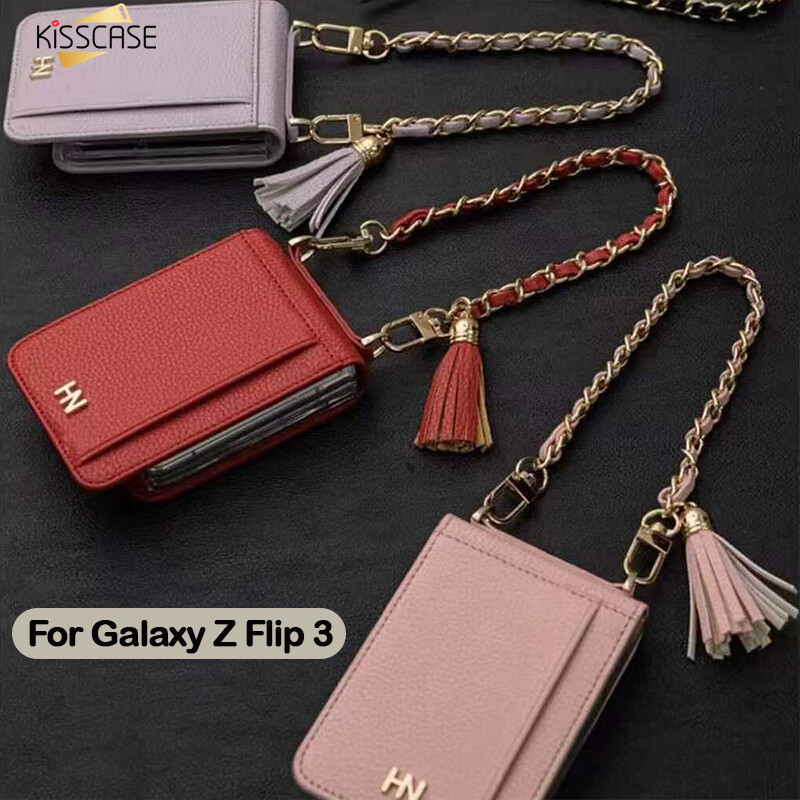 KISSCASE For Samsung Z Flip4 5G Flip3 Fashionn Leather Folding Card Holder Case for Samsung Luxury Anti-Fall Leather Case with Wristband for Samsung Galaxy Z Flip 4 Flip3, ZFlip4