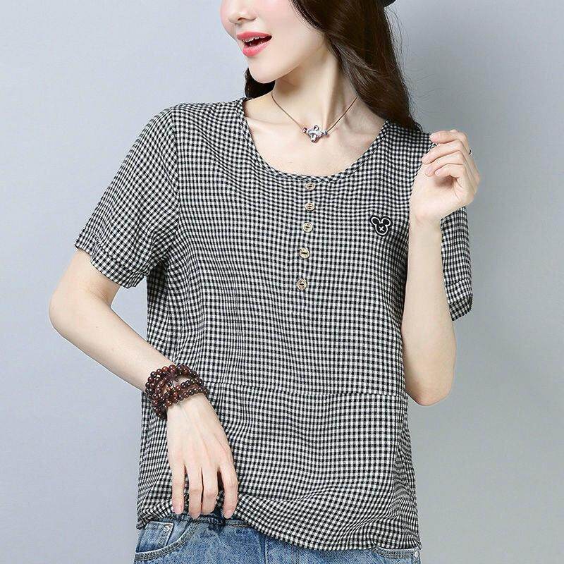 Korean version of loose women's cotton small plaid t-shirt short sleeve