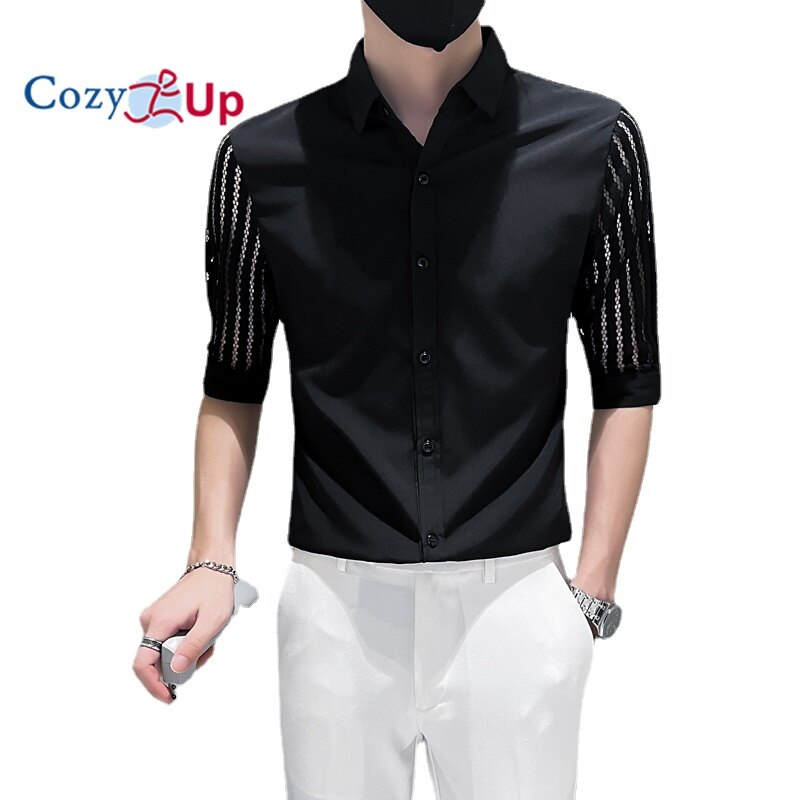 Cozy Up British Style Men Shirt Half Sleeve Solid Color Lapel Slim Fit