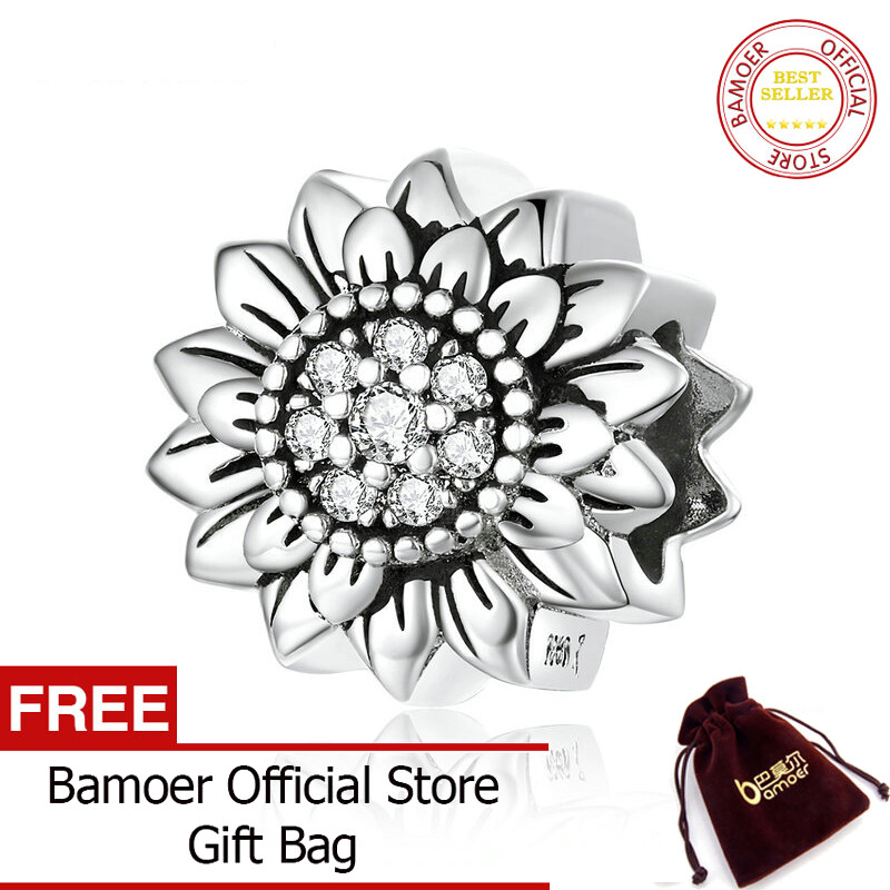 BAMOER Sunflower Metal Beads for Women Jewelry Making 925 Sterling Silver Charm fit Original Snake Bracelet or Bangle SCC1507