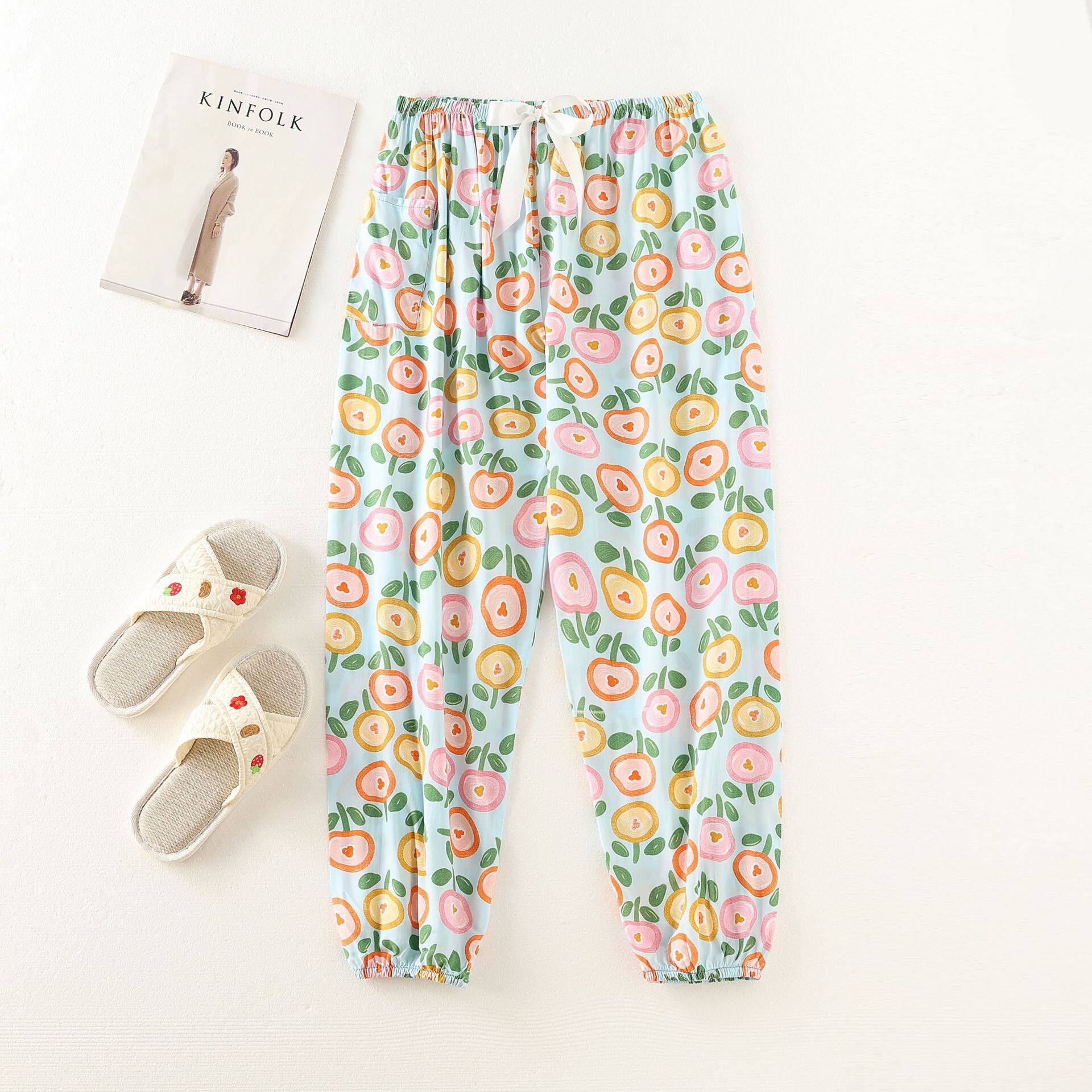 Korean Version Women's Fashion Print Bouquet Foot Pants Loose Casual Comfortable Home Wear Pants Pajamas Student Outfit Sister Twins Fresh Cute Trousers Plus Size