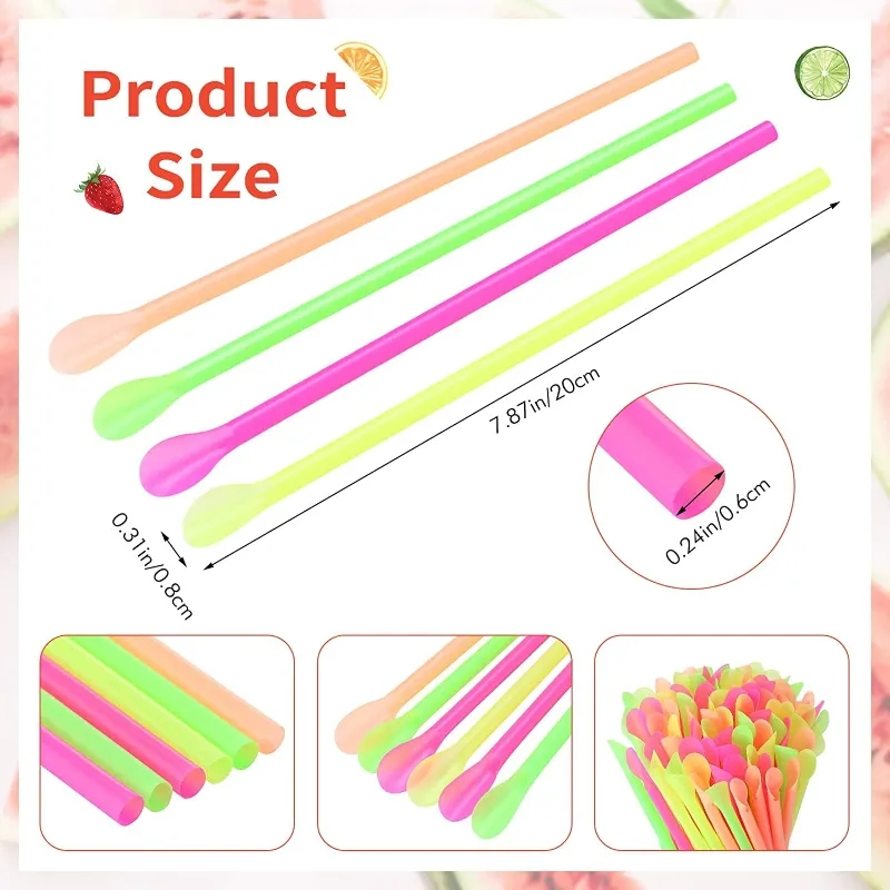 100pcs Plastic Drinking Straws Spoon Colorful Disposable Tea Tools Straw Eco Friendly Washable Bar Party Drink Accessories