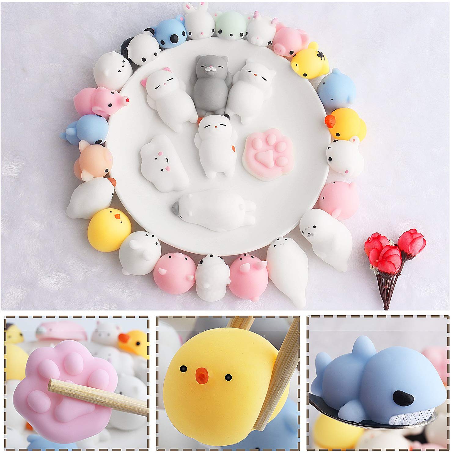 30Pcs Models All Different  Pop It Fidget Toy Cute Mini Slow Rising Squeeze Ball Cell Soft Squishy Sticky Animals Kawaii Healing Anti-stress Toy Stress Reliever Decor Toys