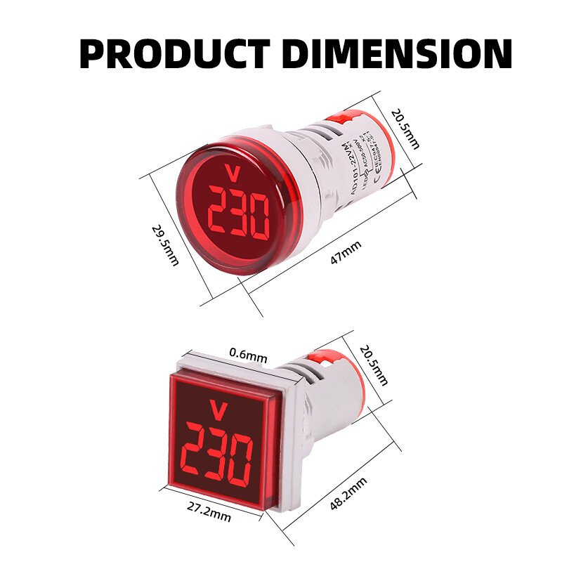 22MM AC 50-500V Voltmeter Square Panel Round Panel LED Digital Voltage Meter Indicator Light Lamp Digital Panel Indicator Meter
