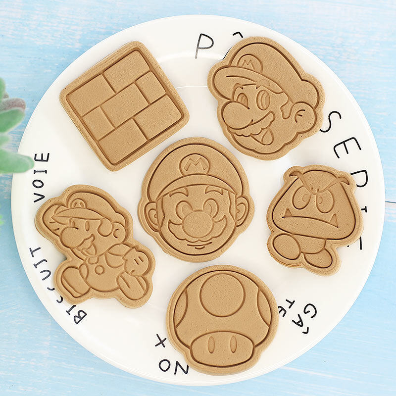 6 cái/bộ phim hoạt hình siêu Mario khuôn bánh quy nhựa bình ép bánh quy cookie press khuôn lật đường dụng cụ làm bánh
