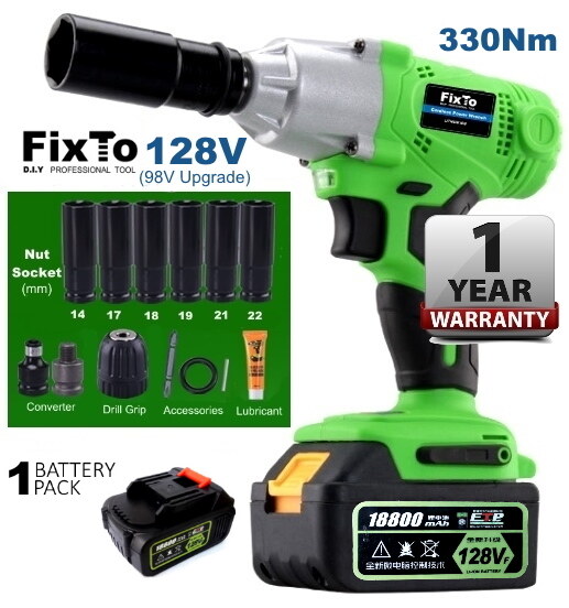 FixTo 330Nm High Torque Professional 128V Cordless Impact Wrench Drill 1/2 inch