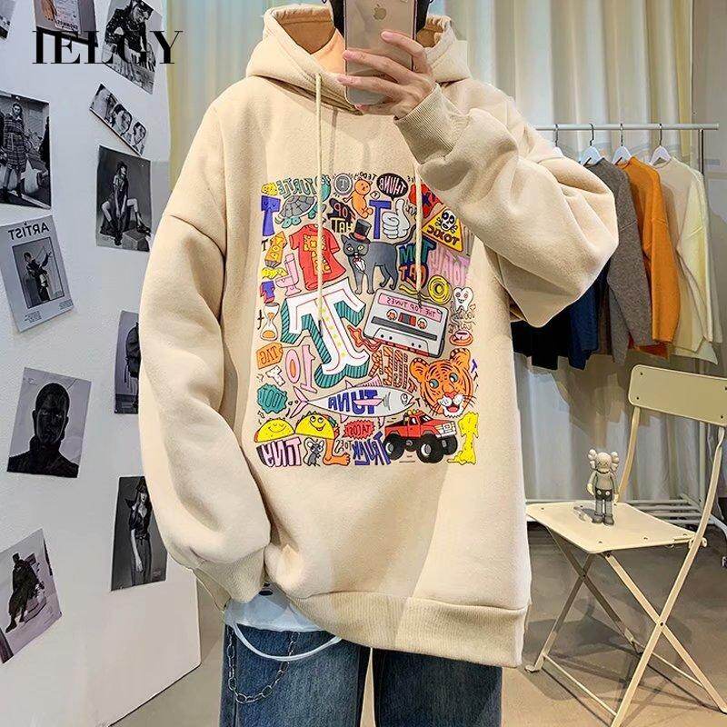 IELGY Men's clothes Sweaters Korean style HHooded Casual Plush Loose Stylish Jacket Black