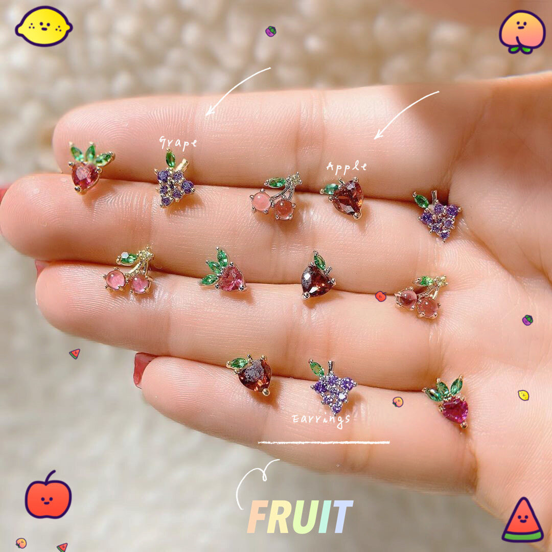 MIAOYA FJSL Fresh Fruit Earrings For Ladies Hypoallergenic Copper Earrings Cute Student Accessories Grape Cherry Strawberry Apple Peach