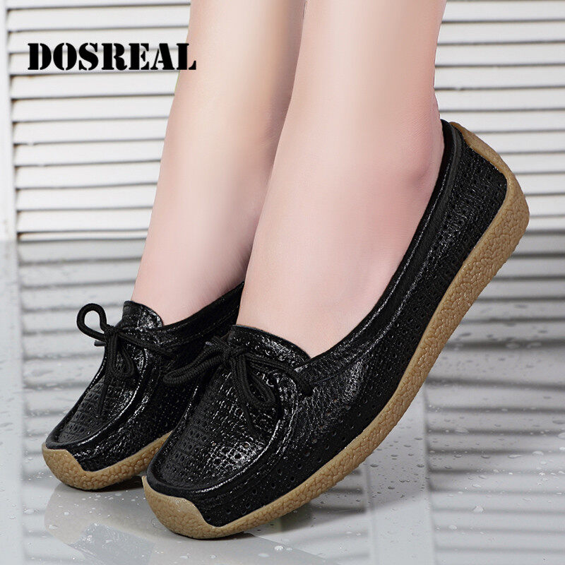 DOSREAL Flat Shoes For Women Leather Casual Shoes Korean Style White Flats Loafers Ladies Soft Sole Boat Women Shoes Big Size 41
