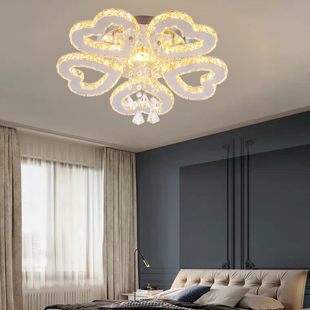 Modern Crystal Chandelier LED Ceiling Light 3-Heart Shape Chandelier Lighting Fixture Flush Mount Pendant Light for Bedroom Living Room Hallway Hobby,Warm White