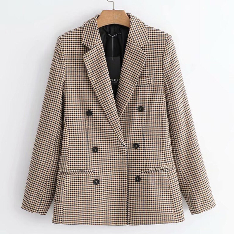 Women Plaid Blazers Jackets Autumn Work Office Lady Suit Slim Double Breasted Business Female Blazer Coat Talever