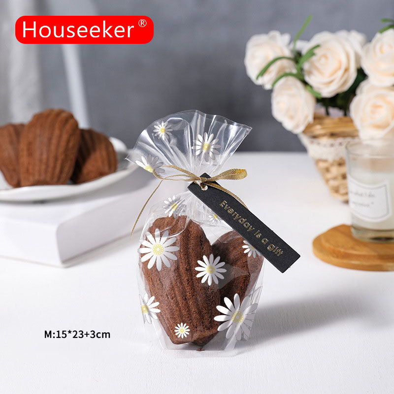 Houseeker 50/100Pcs Flower Printed Transparent Packaging Bags Cookie Snack Apple Chocolate Candy Storage Bag For Christmas Party Gifts Bag