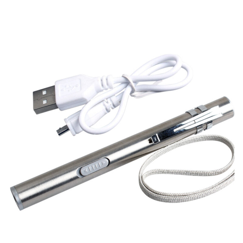 1pc Mini LED Pen White Light Flashlight Stainless Steel Rechargeable With Usb Cable