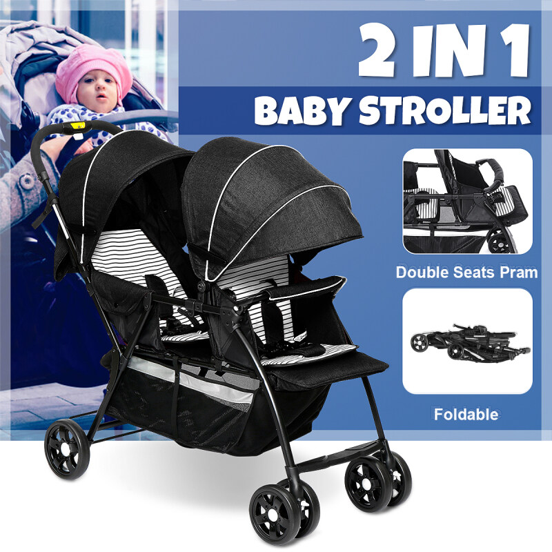 【2020 CNY SALE】(GREY/RED/BLACK-2 in 1) Comfortable Double Seat Twin Baby Stroller Front+Back Tandems Compact Stroller For Child-Large storage basket, sun canopy & foldable back seat Singapore