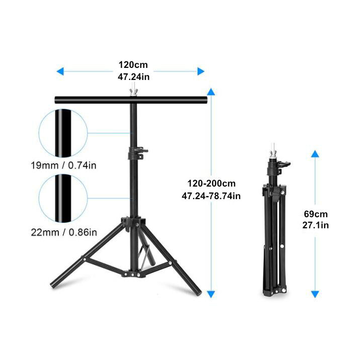 【Free Gift】Selens Giá Đỡ Phông Nền Bằng Kim Loại Loại Chữ T Cho Hệ Thống Hỗ Trợ Phông Nền Bằng PVC Giá Ba Chân Có Kẹp Thanh Ngang Phân Đoạn 5 Kích Cỡ+Vải đặc loại 1.5 miễn phí 2M