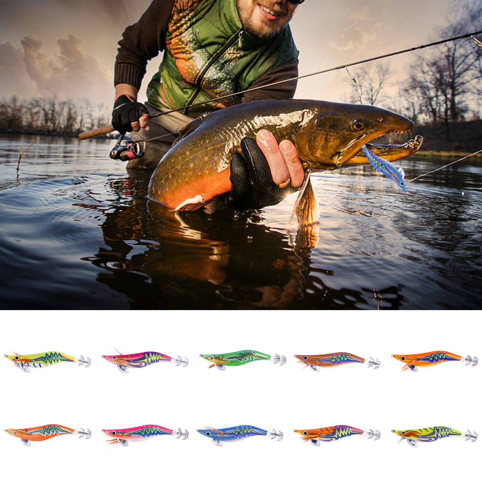 Ghxdryuru Squid Hook Bait Sharp Hook Simulation Design Luminous Angling Wooden Shrimp Luminated Squid Bait Outdoor Fishing