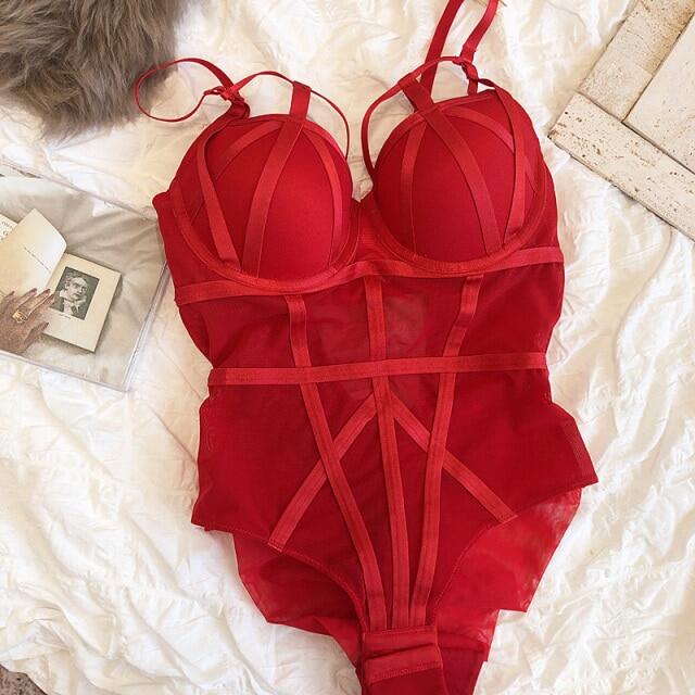 Strappy design one-piece bra set see-through mesh steel ring gathered body shaping underwear embroidery lace lingerie
