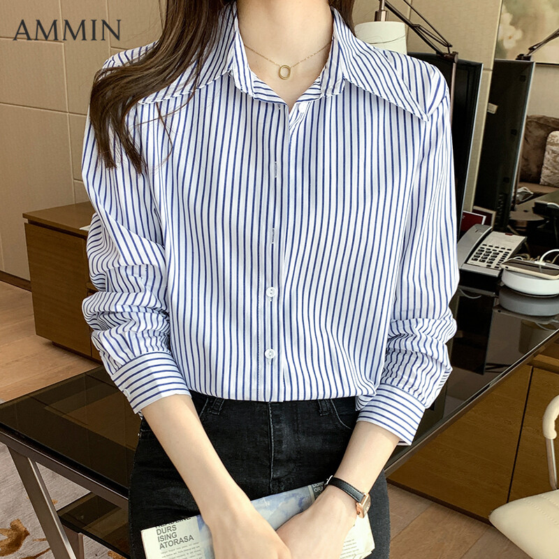 AMMIN New Loose Chiffon Shirt For Women Fashion Temperament Striped V-Neck Long Sleeve All-match Professional Top Blouse