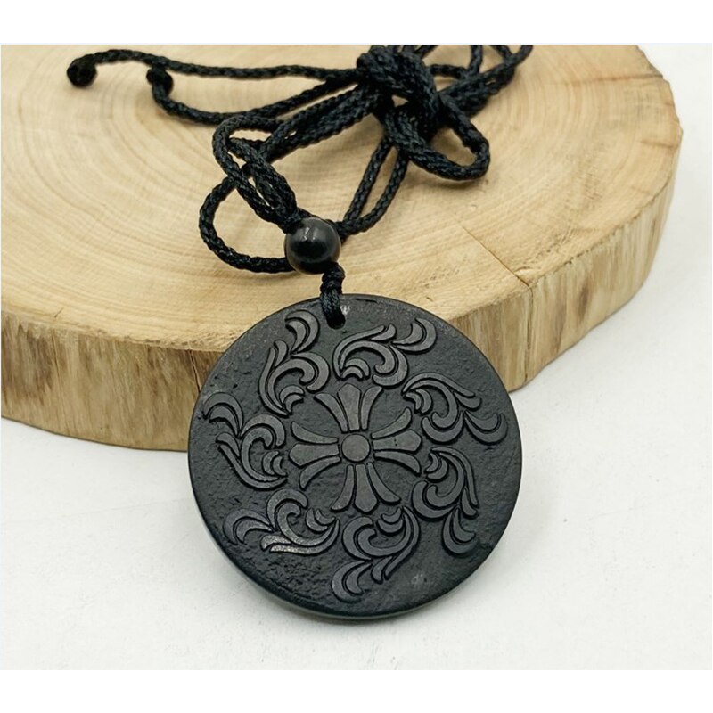 thumbnail image 2 of Shungite Pendant Shamrock Necklace – Polished Circle, EMF Protection & Healing Crystal 2 of 5