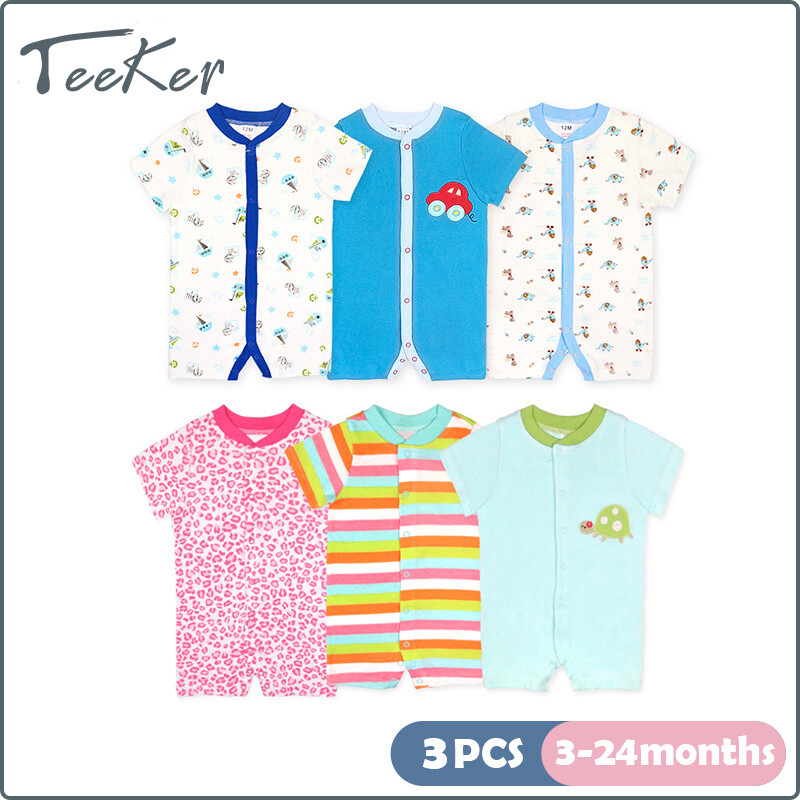 【Hunibear】3Pcs Baby Boy/Girl Pure Cotton Rompers Clothes Summer Short Sleeve Infantil Jumpsuits 3-12 Months (Random Design & Color) Baby Clothes