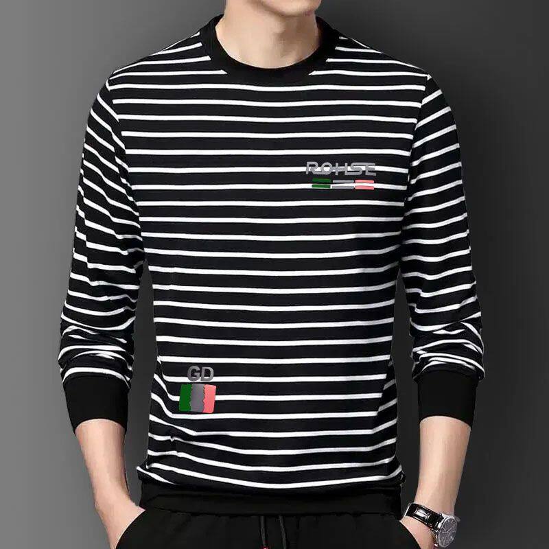 Men's Cotton T-Shirt Fall Round Neck Turtleneck T-Shirt Striped Printing Long Sleeve T-Shirt