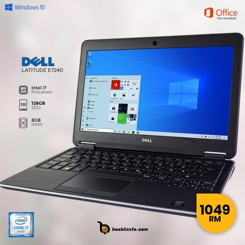 Dell Latitude E7240 13-inch Laptop (Intel Core i7 -8GB/128GB SSD /Windows/Integrated Graphics), Webcam, Microsoft Office.. Malaysia